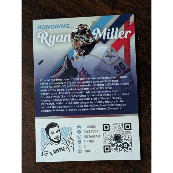 *Rare* Ryan Miller Limited Edition We The Hobby Rochester NY Hall Of Fame Card - Picture 2 of 3
